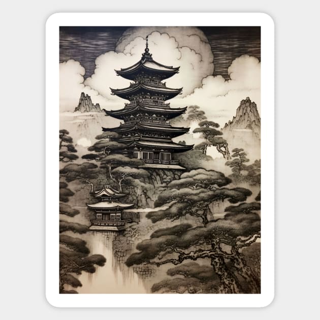 Japanese Castle Woodblock Engraving Style Sticker by entwithanaxe